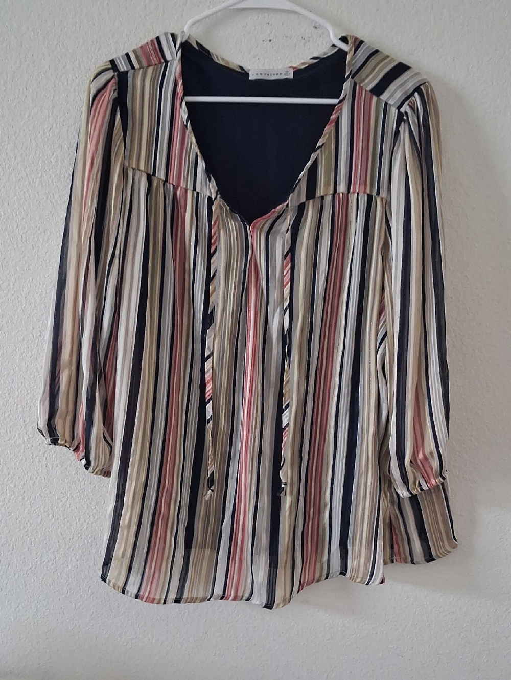Striped Tie-Front Peasant Blouse - Navy, Cream & Pink